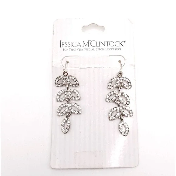 Jessica McClintock Laurel Leaf Earrings Silver Rhinestone Drop - Picture 6 of 6